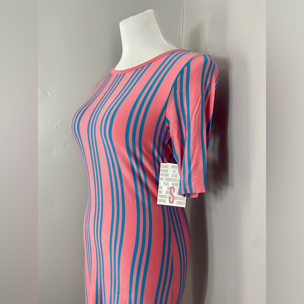LuLaRoe Julia Dress Pink with Blue Vertical Stripes Midi Form Fittint - Picture 3 of 7